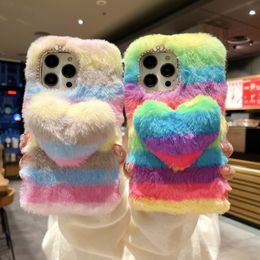 3D Love Heart Stripes Fluffy Fur Cases For Iphone 15 14 Pro Max 13 12 11 XR XS X 8 7 Plus Fashion Soft TPU Rainbow Animal Bling Diamond Genuine Rabbit Hair Cute Lovely Cover