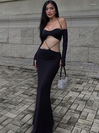 Casual Dresses Hirigin Black Sexy Halterneck Tie Up Strapless Long Dress Women Off-Shoulder Cutout Hollow Wrap Club Party With Sleeves