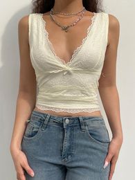 Women's Tanks Y2K Sweet Cute V Neck Bodycon Sexy Tank Top Fashion 2000s Aesthetic Summer Cropped Vest Slim Bow Lace Women Cloth