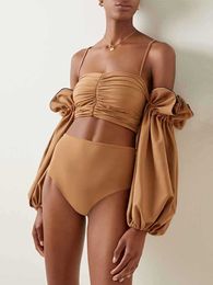 Women's Swimwear Solid Colour puff sleeve swimsuit long-sleeved bikini two-piece set women's high waist swimsuit summer beachwear surfing suit T230303