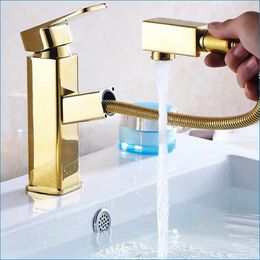 Bathroom Sink Faucets Golden Pull Out Basin Faucet Single Handle And Cold Washbasin Brass Mixer Tap J14773