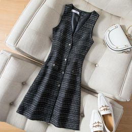 Casual Dresses 3XL!Autumn Winter Small Fragrance Tweed Woolen Vest Dress Women V-neck Slim A-line