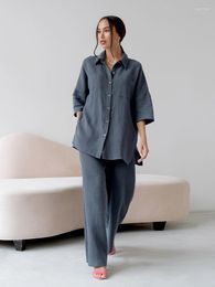 Women's Sleepwear Hiloc Three Quarter Sleeve Cotton Single-Breasted Pocket Pajama Women Long Home Suit Solid Lapel Loose Sets