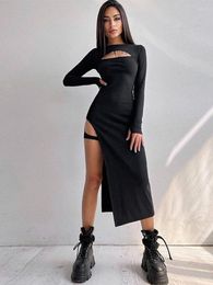 Casual Dresses Winter Sexy Black Slim Knitted Split Women Hollow Out Long Sleeve Bandage Midi Dress Woman Party Vestidos Robes