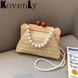 Women's Bag Summer Rattern Woven Clutches Wooden Handle Handbags For Women Pearl Chain Pouch Women Crossbody Shoulder Bag 230303