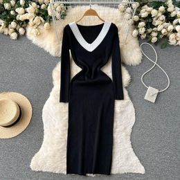 Casual Dresses Spring Autumn Korean Style Knitting Midi Dress V Neck Long Sleeve Solid Ladies Knit Elegant Office Black