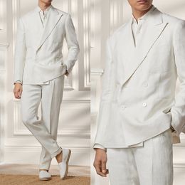 Eleglant White Linen Men Wedding Tuxedo Double Breasted Peaked Lapel for Business Party Form Two Pieces Jacket and Pants