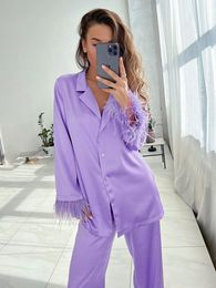Women's Sleepwear Hiloc Feathers Satin Pajamas For Women Sets Lapel Splicing Sleepwear Women's Suit Single-Breasted Nightwear Winter Fashion 230303
