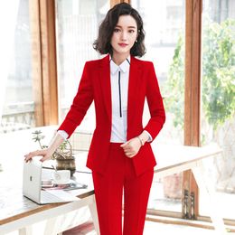 Women's Two Piece Pants Women Formal Blazer And Pant Suit Red Black Blue With Slanted Pockets Single Button Jackets Pieces Set For Office