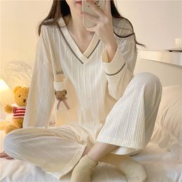 Women's Sleepwear Korean style Women Pajama Sets Spring Autumn Long Sleeve Bear Print Nightwear Loose Elegant Pyjamas Female Leisure 2-piece 230303