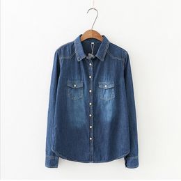 Women's Blouses Shirts Autumn Women Lapel Button Blue Long Sleeves Denim Jean Shirts Pocket Slim Jeans tops Blouse Plus Size blusas mujer 230303