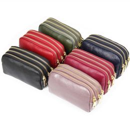 Wallets Women Cowhide Simple Fashion Mini Clutch Bag Three Zipper Coin Purse Key Holder Case Purse Genuine Cow Leather Short WalletL230303