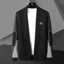 Men's Sweaters End Luxury High Light Trend Embroidered Cardigan Sweater Autumn 2023 Stripe Color Contrast Personalized Knitted Coat Men