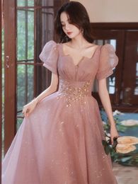 Purple Pink Evening Dress Elegant Sequined Applique V Neck Pleated Puff Sleeve A Line Empire High-end Woman Party Gowns Woman