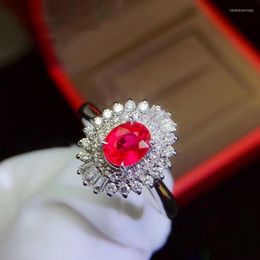 Cluster Rings 0.6ct Real Diamond Genuine Woman Engagement 1ct Natural Ruby Jewellery Solid 14K Yellow Gold Ring Classic Lady