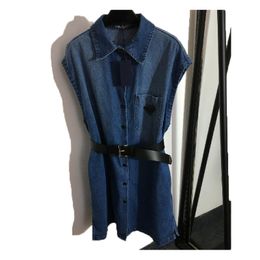 Novos designers femininos vestido triângulo de bolso de bolso cinto de lapela sem mangas jeans casual hip ho vestido streetwear