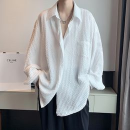 Men s Casual Shirts Spring Pleated Men Fashion Society Mens Dress Korean Loose Long Sleeve White M 2XL 230302