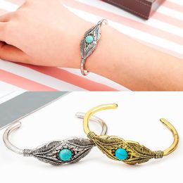 Bangle Vintage Turquoise Feather Leaf Open Bracelet Copper Cuff Energy Magnetic For Women