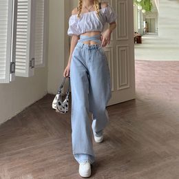 Women's Jeans Denim Trousers Women Sexy Korean Version Retro Small Waist Light Blue Jeans Women's Tie High Waist Loose Casual Wide-Leg Pants 230303