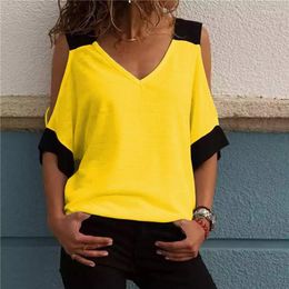 Women's T Shirts Women's Patchwork Cold Shoulder Off T-shirt Crop Top V-Neck Half Sleeve Female Tee Shirt Casual Tops Women 2023