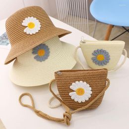 Hats 2-6y Kids Girls Solid Colour Straw Hat Children Sun Bonnets Flower Bucket Lovely Little Shoulder Bag Pography Props