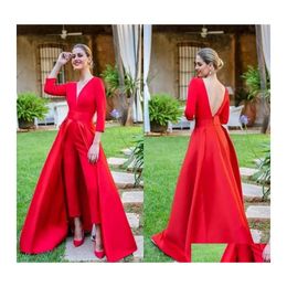 car dvr Evening Dresses Red Deep V Neck Jumpsuit Long Sleeves Ruched Backless Floor Length Formal Party Prom With Over Skirts Drop Delivery Dh9Ua