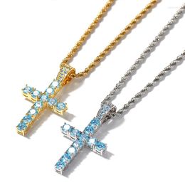 Pendant Necklaces Men Women Customise Gold Colour Iced Tennis Blue White CZ Zircon Cross Necklace With Stainless Steel Chain Fashion Jewellery