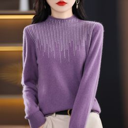 Women's Sweaters Fall/Winter Semi-Turtleneck Diamond Merino Pure Wool Knit Sweater Women's High-End Chic Slim Jumper High Stretch Pullover Tops 230303