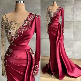 Red Satin Pleats Major Beading Mermaid Evening Dress With Illusion Long Sleeve African Formal Evening Gown Runway Fashion