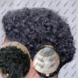 Bond NPU 20MM Curly Men's Toupees Replacement System Human Hair Male Wig Natural Remy Prosthesis Fine Mono Lace with PU Base