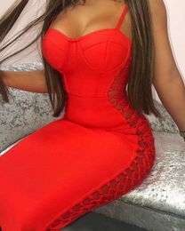 Casual Dresses 2022 Summer Women Sexy Bodycon Black Red White Bandage Dress Midi Fashion Club Party Spaghetti Strap Hollow Out Runway Vestidos Z0216