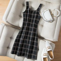 Casual Dresses Autumn Winter Vintage Plaid Small Fragrance Woolen Vest Dress Women Sleeveless A-line