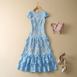2023 Spring Pink / Blue Panelled Floral Lace Dress Cap Sleeve Round Neck Holow Out Midi Casual Dresses S3M020302 Plus Size XXL