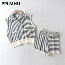 Women s Two Piece Pants Streetwear Stripe Knitted Tracksuit Sleeveless Pullover Tshirts Sets Summer Mini Shorts Suits Ribb Tee Outfits 230302