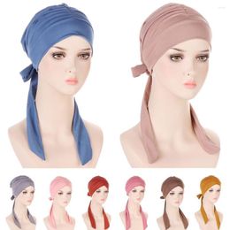 Ethnic Clothing Muslim Fashion Solid Colour Lady Hijab Hat Soft Wrinkle Head Scarf Sleeping Cap Bonnet Headwear Cover Turbans For Women Caps