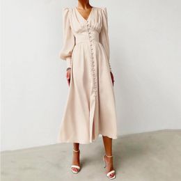 Casual Dresses Elegant Women Midi Satin Fabric Long Dress Lantern Sleeve Autumn Vintage Single Breasted Luxury V Neck Slim Fit Vetsidos