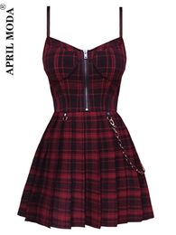 Casual Dresses Gothic Girls Red Plaid Pleated Emo Alt Dress Y2K Zip Up Robe Femme Punk Black Spaghetti Strap Mini Short Jurken Goth Streetwear Z0216