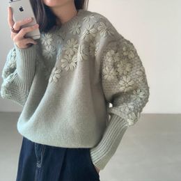 Women's Sweaters Women Casual Korean Knitting Sweater Flowers Embroidery Round Neck Long Sleeves Vintage Fashion Baggy Ladies Tops Autumn 230303