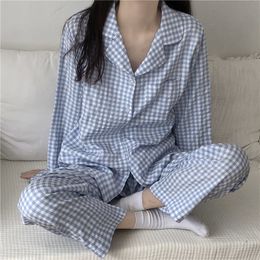 Women's Sleepwear Ladies Autumn Pijamas Women Printed Plaid Pyjamas Set Lapel Long-sleeved Trousers 2-piece Home Service Casual Pyjamas Sleepwear 230303