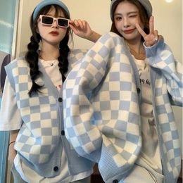 Women's Knits & Tees Korean Sweater Jacket Women 2023 Fall Clothes V-neck Long Sleeve Fashion Plaid Tops Loose Casual Knitted Oversized Card