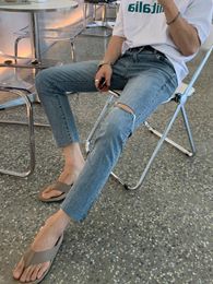 Men's Jeans Wear 2023 Spring Summer Korean Streetwear Fashion Straight Ankle-length Casual Hole Denim TrousersMen's