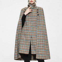 Women's Wool Autumn Winter Vintage Plaid Double-sided Woolen Cloak Coat Women Temperament British Style Mid-length Stand Collar Ov
