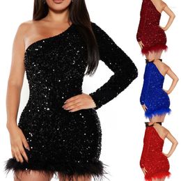 Casual Dresses Women Long Sleeve Evening Party Elegant Sexy Feather Sequin One Shoulder Bodycon Dress For Club Streetwear