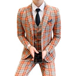 Men's Suits Blazers Jackets Vest Pants Fashion Boutique Plaid Mens Casual Business Suit Groom Wedding Dress Suit 3pces Set Male Blazer 230303