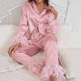 Women's Sleepwear White Satin Silk Pyjamas For Women Spring Summer Fashion Feather Patchwork Long Sleeve Top Pants 2 Piece Set Femme