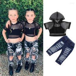 Clothing Sets 1-6Y Baby Girls Clothes Set 2023 Summer Kids Fishnet Short Sleeve Hooded Tops Tank Top Ripped Denim Pant Jeans Outfits