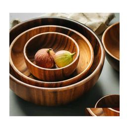 car dvr Bowls 3 Size Unpainted Natural Acacia Wooden Bowl Salad Soup Fruit Container Tray Kitchen Utensils Tableware 201214 Drop Delivery Ho Dhxga