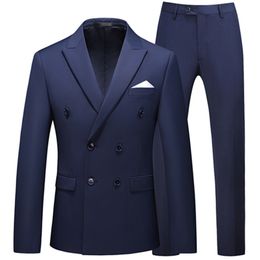 Men's Suits Blazers Men's Casual Boutique Business Double Breasted Suit Coat 2 Piece Set / Male Solid Colour Slim Fit Blazers Jacket Pants Trousers 230303