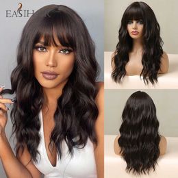 Synthetic Wigs Easihair Dark Brown Wigs with Bangs Wavy Bob Wig Water Wave Synthetic for Women Daily Party Cosplay Use 230227