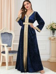 Ethnic Clothing Eid Abaya Split Hem Slim A-Line Party Dresses For Women 2023 Wedding Muslim Velvet Belted Kaftan Long Sleeve Dress Ramadan